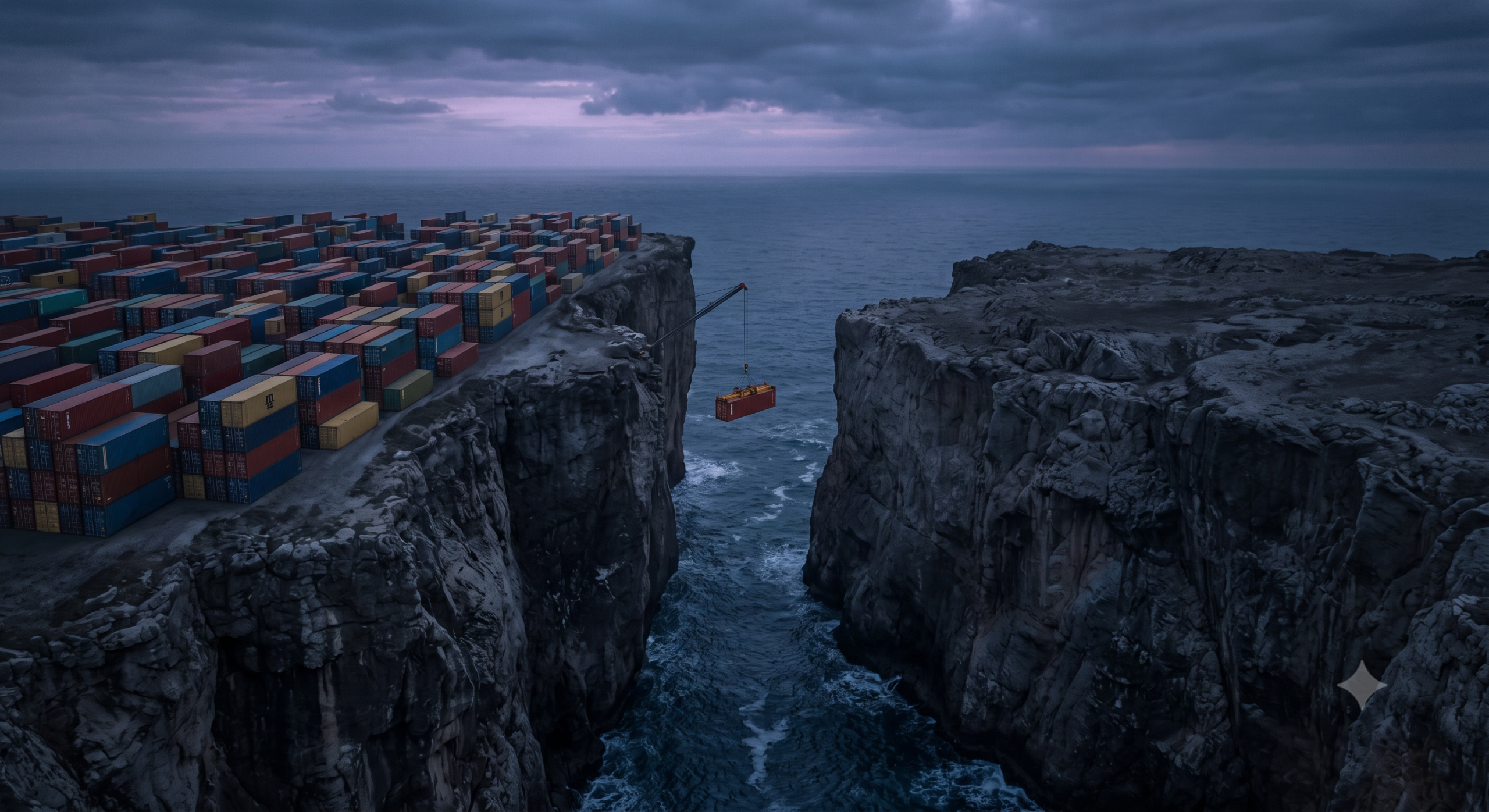 A container terminal at dusk under a countdown to the July 24 tariff deadline — the Section 122 surcharge expiring as Section 301 duties loom.
