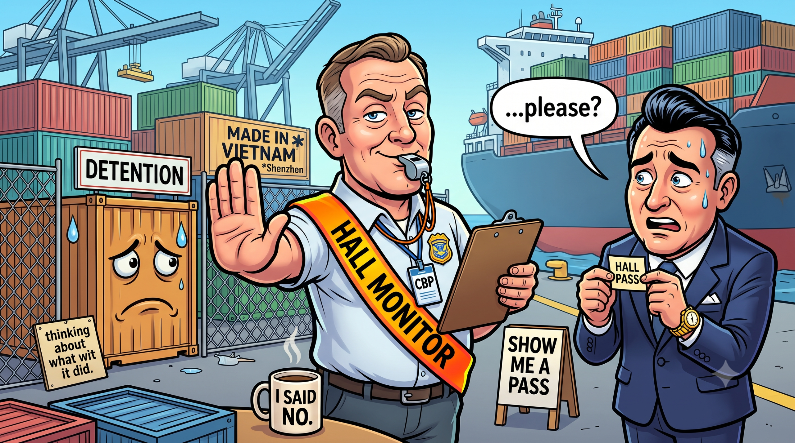 A trade compliance hall monitor blocks a shipping port while a CEO begs with a hall pass